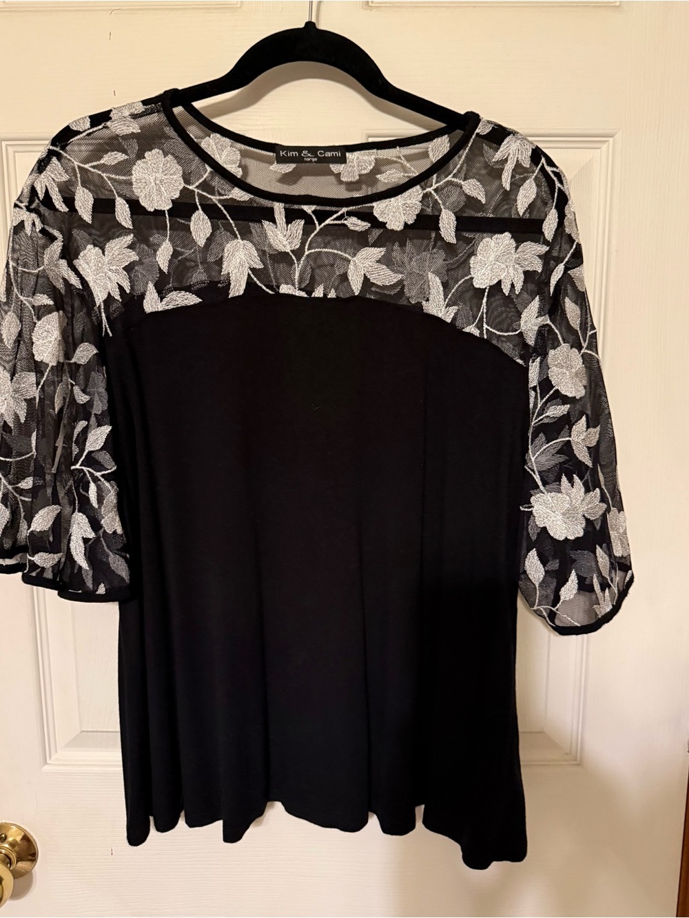 Kim & Cami Black Top with White Floral Mesh Yoke
